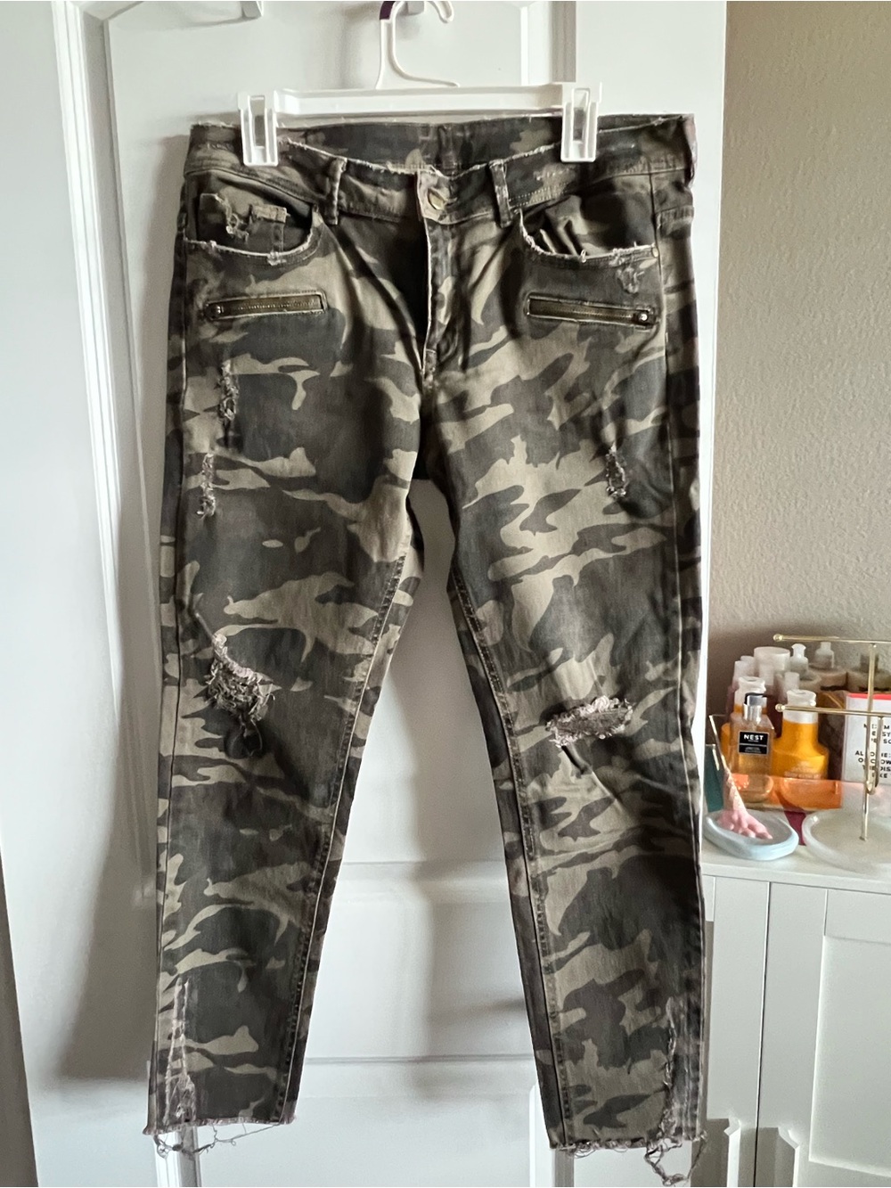Zara Olive Camo Distressed Skinny Jeans